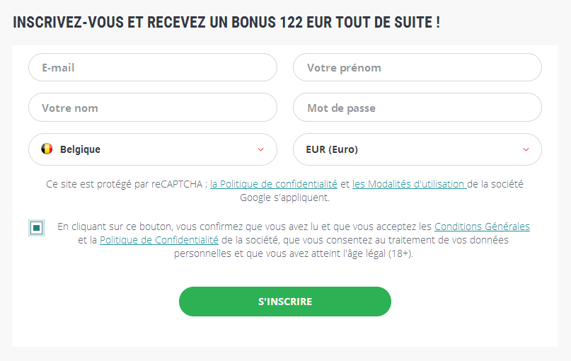 Formulaire d'inscription Belgique