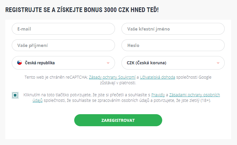 Registrační formulář Česká Republika