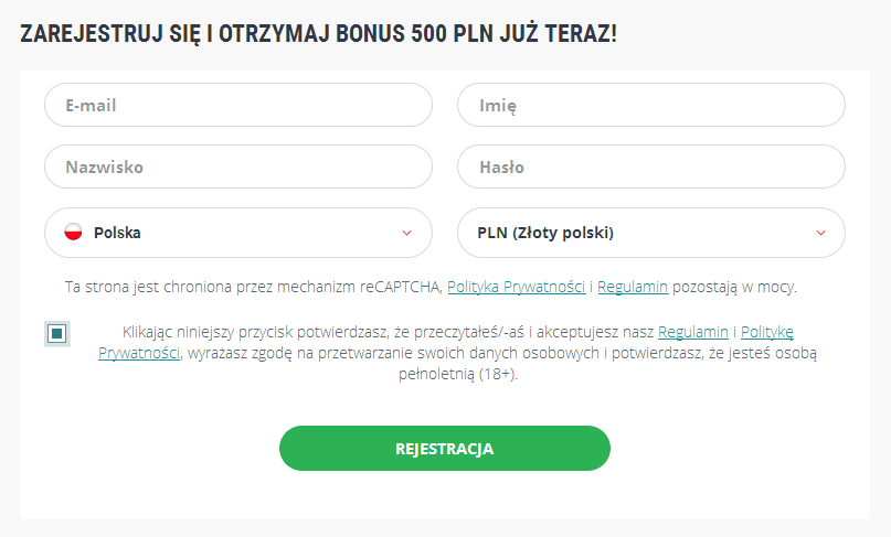 Formularz rejestracyjny Polska