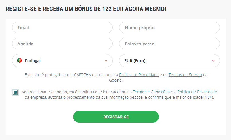 Formulário de registro Portugal