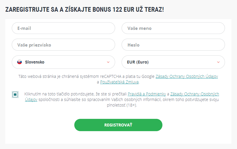 Registračný formulár Slovensko